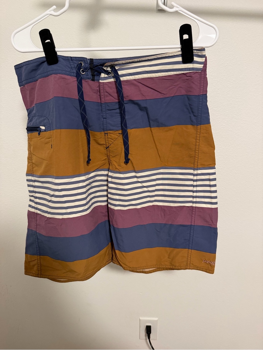 Patagonia Men’s Striped Board Shorts — Blue, Mauve, Mustard